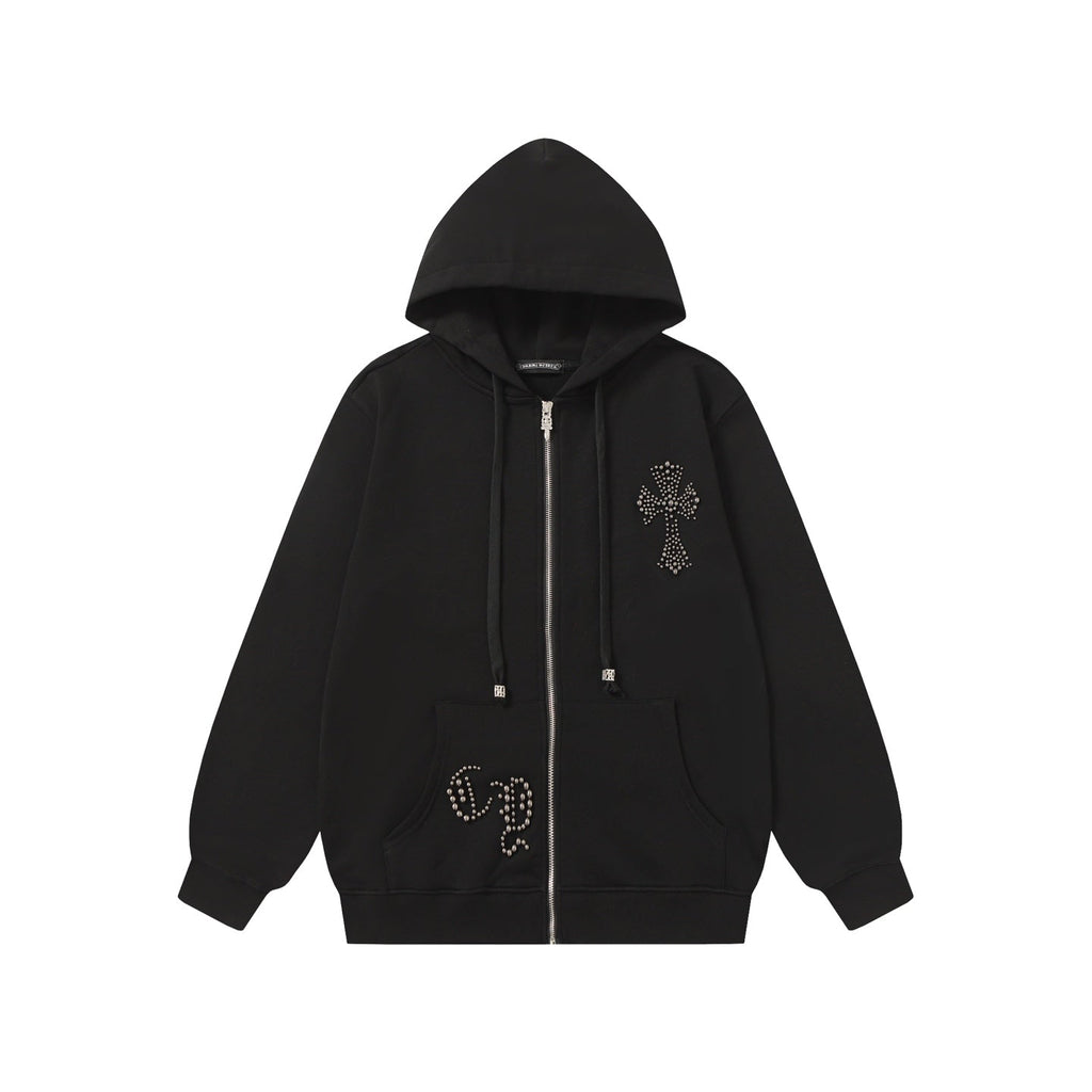 Rhinestone Cross Hoodie - Black Gothic Streetwear Sweatshirt 2633