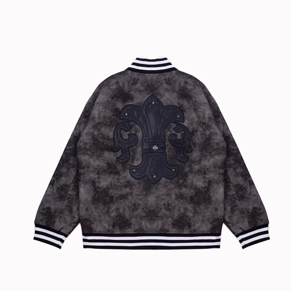 Fleur-de-lis Patch Varsity Jacket - Grey Tie-dye Outerwear A5588